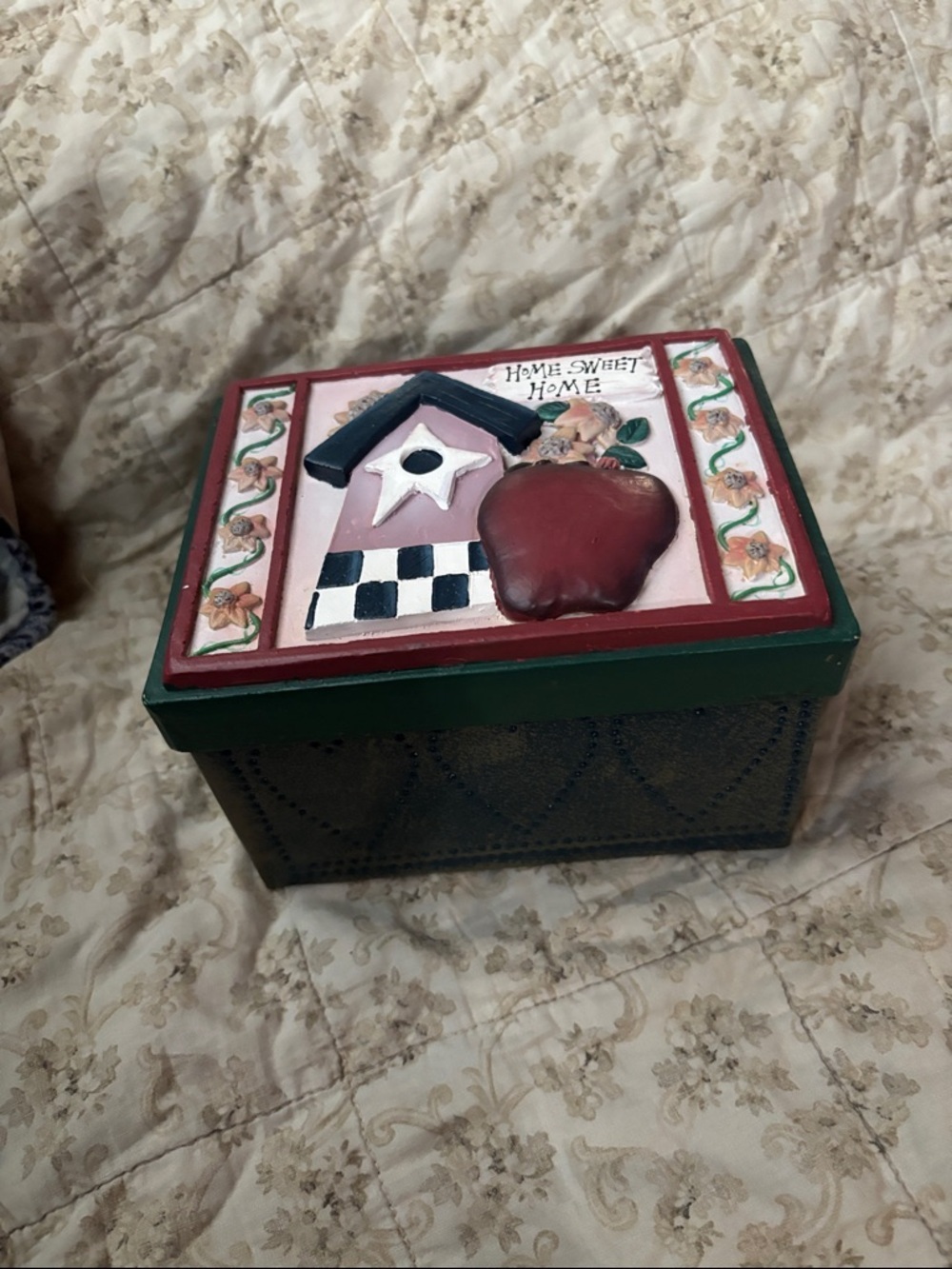 Decorative Metal Green and Red Home Sweet Home Kitchen Recipe Storage Box